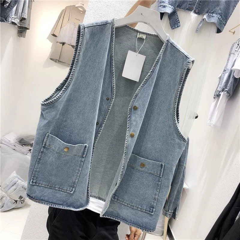 

Fashion Denim Vest Women Vintage Blue Sleeveless Jacket V-Neck Single Breasted Waistcoat Female Spring Autumn Jeans Coat