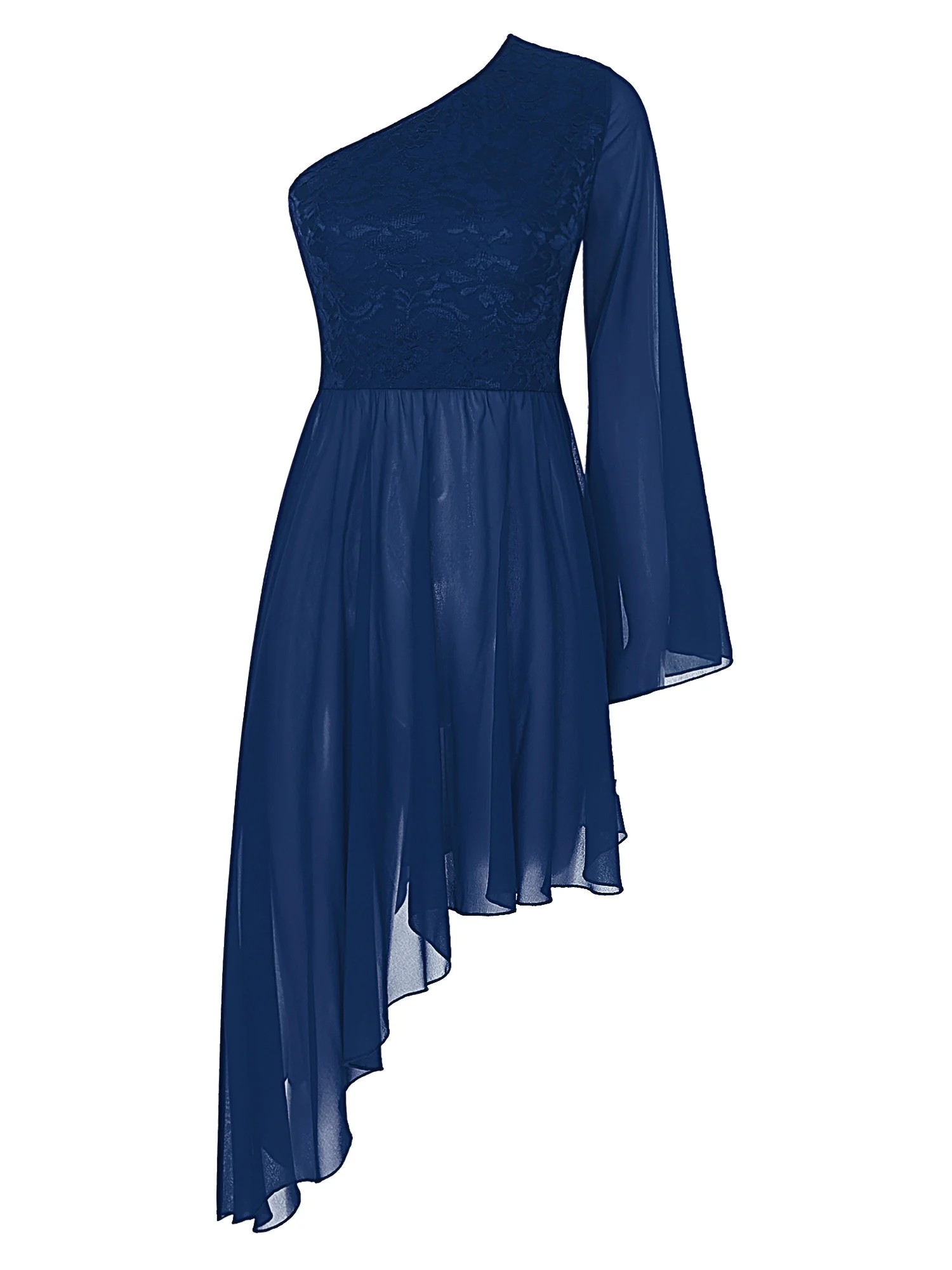 thumbnail image 1 of Vestidos de baile litúrgicos para mujer, túnica de adoración de encaje floral, vestido superpuesto con dobladillo asimétrico y manga acampanada con un hombro, 1 of 5