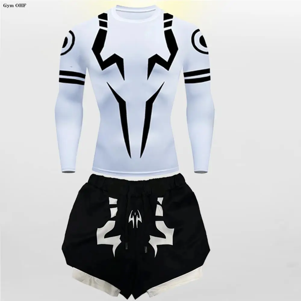Jujutsu Kaisen Anime 압축 T 셔츠 정장 남성용 2 In 1 반바지 스포츠 러닝 조깅 체육관 Tracksuit 남성 의류 Rashgard MMA