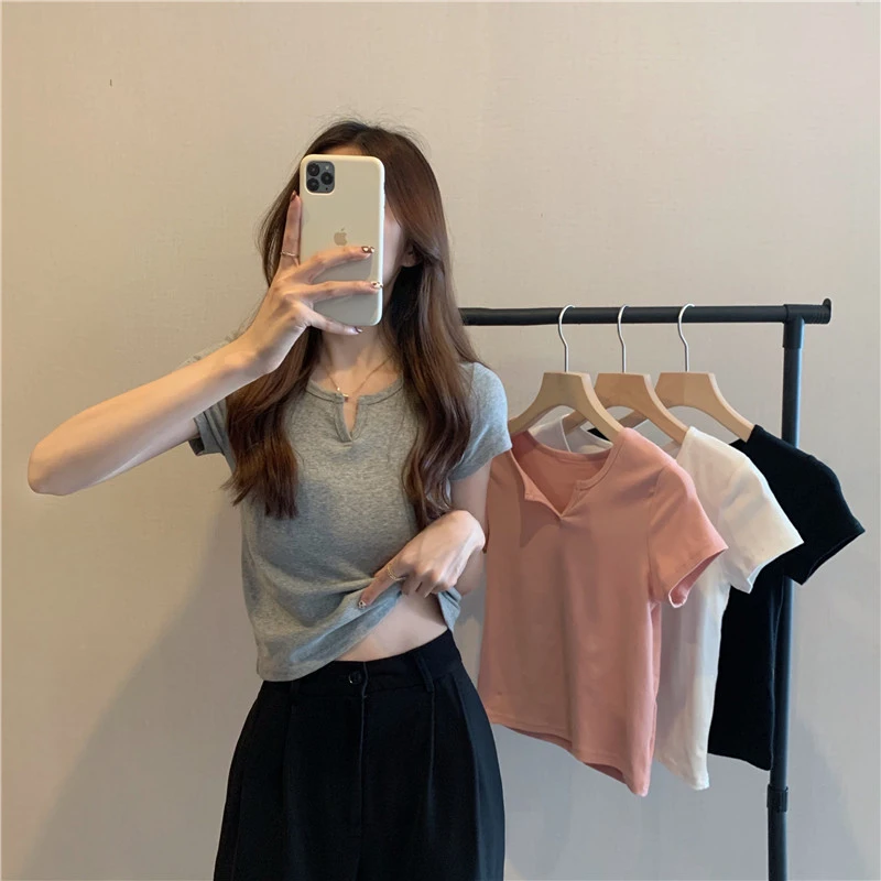 

4 Colors New Women Solid Color Slim V-neck Short T-shirt Crop Top