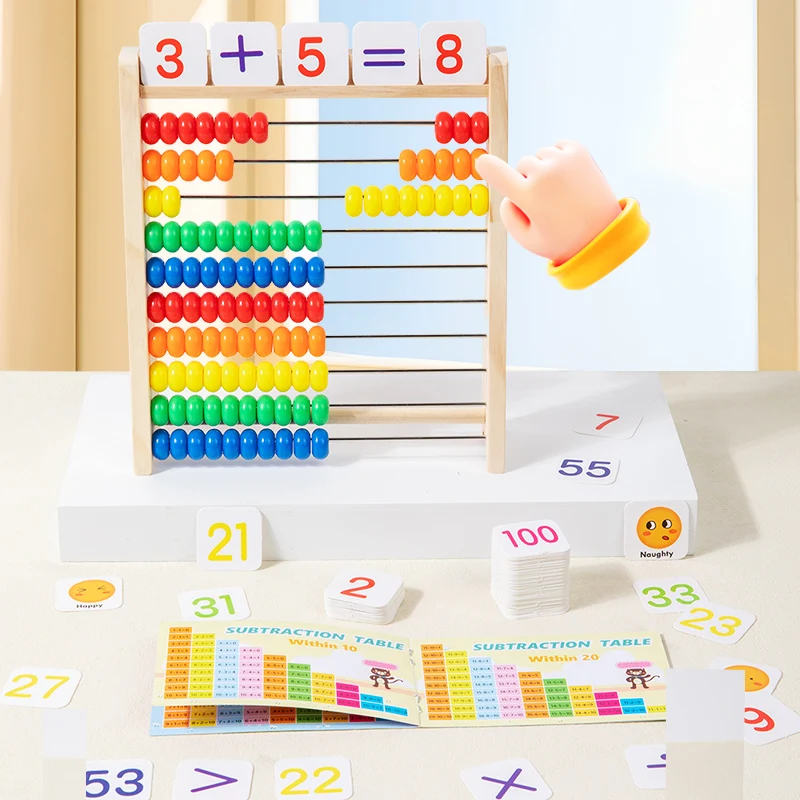 Educational Toys Wooden Math 10-Row Counting 100 Beads With Counting Sticks Number Alphabet Card Preschool Learning