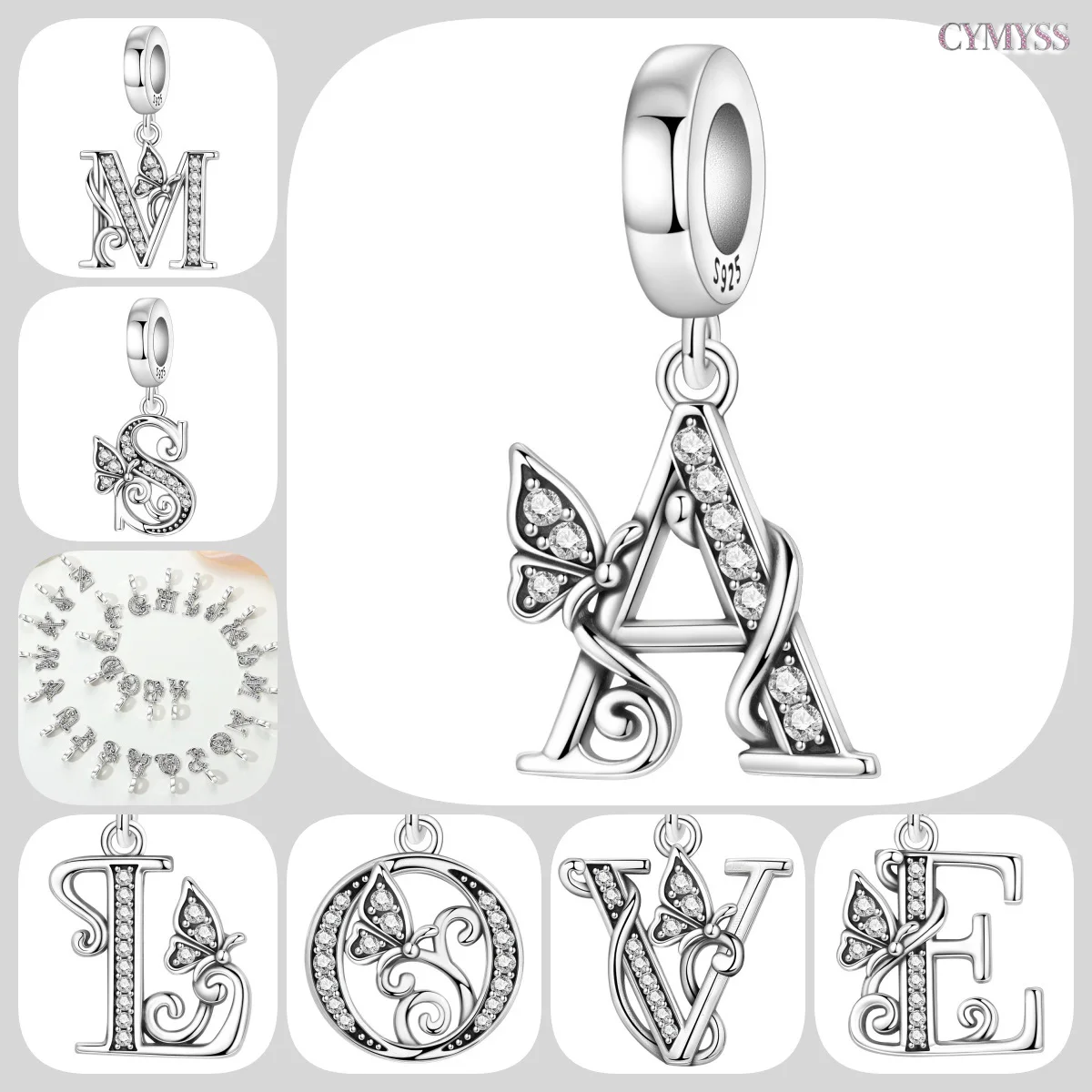 Original 925 Sterling Silber CZ Zirkon Schmetterling A-Z 26 Buchstaben Charms Alphabet Perlen Anhänger Fit Armband Halskette DIY Schmuck