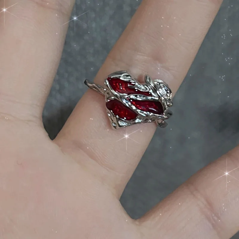 Irregular Red Crystal Glass Butterfly Aesthetic Rings for Women Y2K Gothic Spider Cross Ring Creative Grunge Jewelry Accessories 4