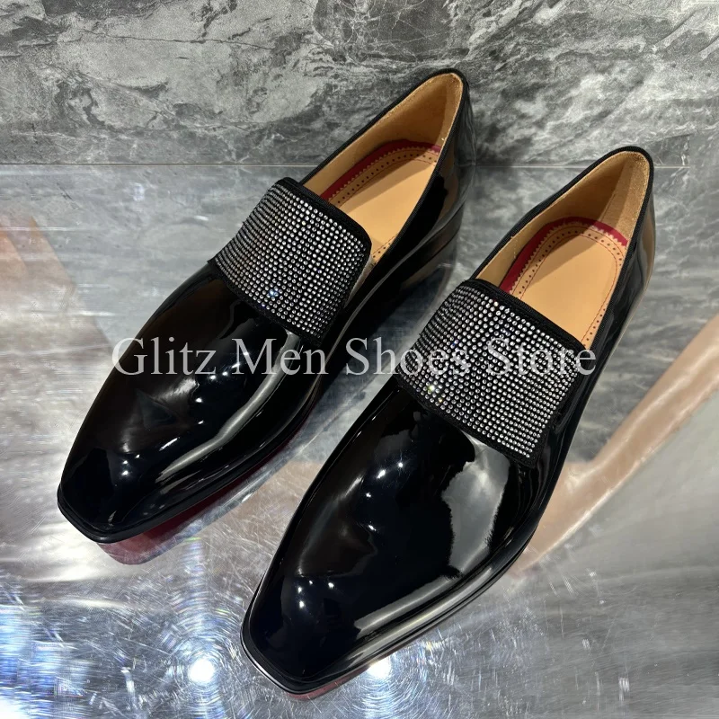 

New Rhinestone Black Leather Shoes Glossy Small Square Toe Loafers Business Dress Men's Leather Shoes Formal Wedding Shoes