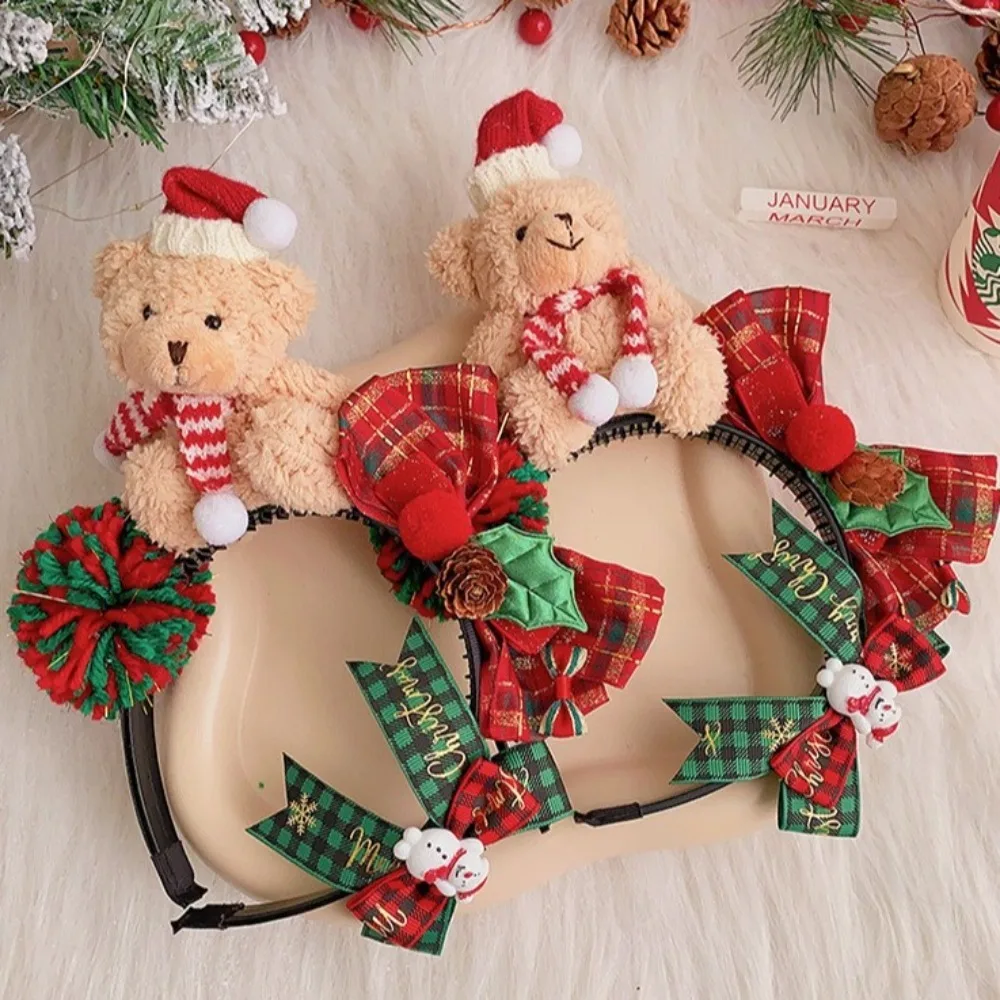 Cute Cartoon Christmas Headband Bear Fluffy Plush Children Headwear New Year Hair Clip Bow Hair Accessories Christmas Gifts