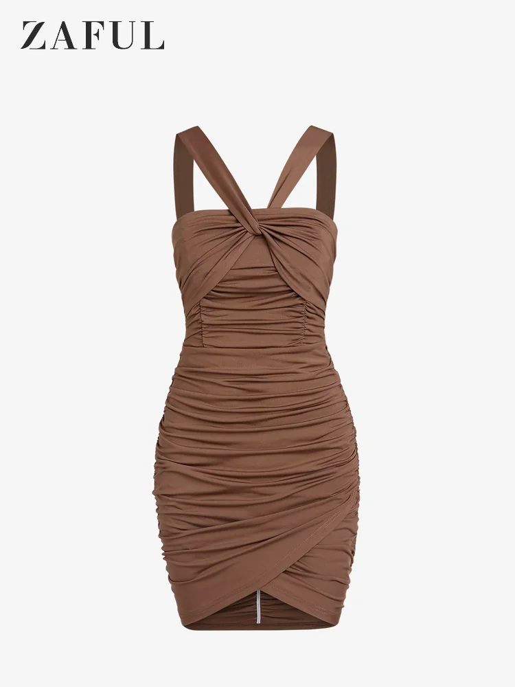 ZAFUL Slinky Twist Sleeveless High Stretch Ruched Draped Tulip Earth