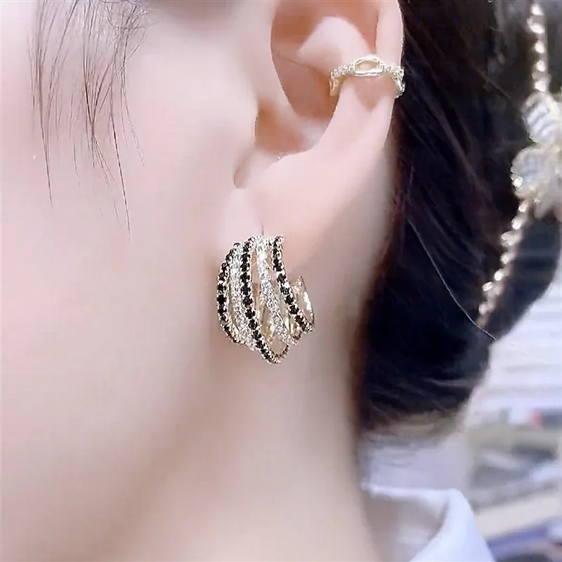 New C-Shape Round Inlaid Black Zircon Earrings Women\'s Personality Stylish Luxurious Daily Accessory Party Jewelry Birthday Gift