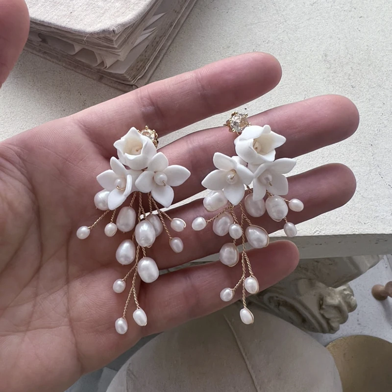 Freshwater Pearls Wedding Bridal Earrings White Porcelain Flower Women Drop Earring Handmade Jewelry 2