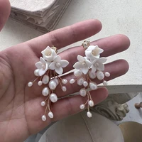 Freshwater Pearls Wedding Bridal Earrings White Porcelain Flower Women Drop Earring Handmade Jewelry 2