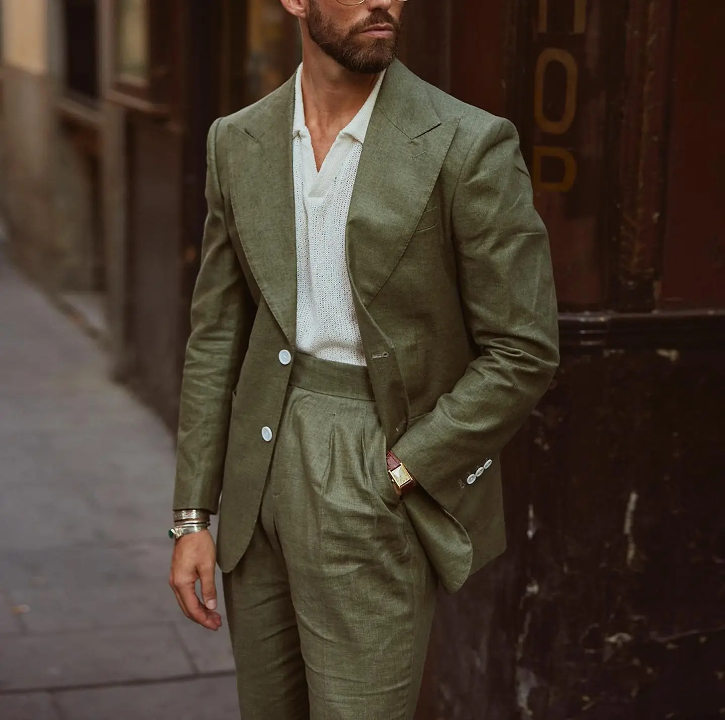 

Light Army Green Linen Blazer Trousers Men's Suit Breathable Summer 2Pcs Jacket Pants Suits Wedding Clothing Tailored Outfit