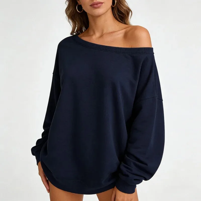 Off the shoulder Long sleeve Hoodie Women Spring Autumn Loose Sexy One Shoulder Top Lady Casual Basic Tees School Preppy Blouse