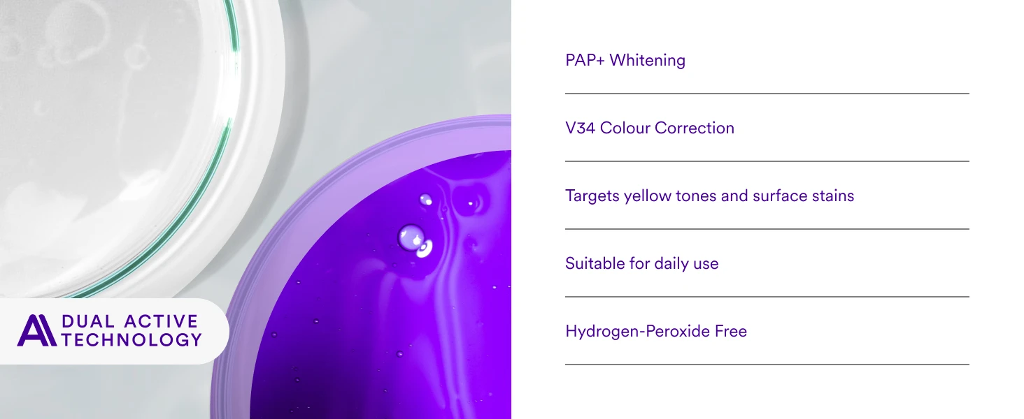 PAP+ Teeth Whitening + V34 Purple Colour corrector combined in an instant teeth whitening strip