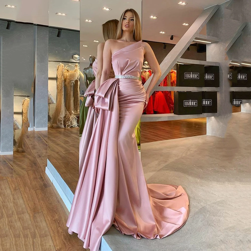 

Msikoods Pink Mermaid Evening Dress Beads Belt Party Gowns Elegant Satin Prom Dresses Draped Train Formal Gowns Robe De Soiree