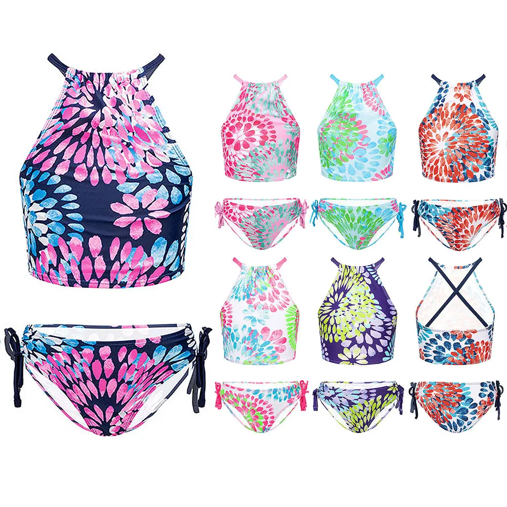 Floral Girl Swimsuit Kids Halter Top Bikini Set Two Piece Children's Swimwear Beach Sport Tankini 5-14Years Bathing Suit Biquini