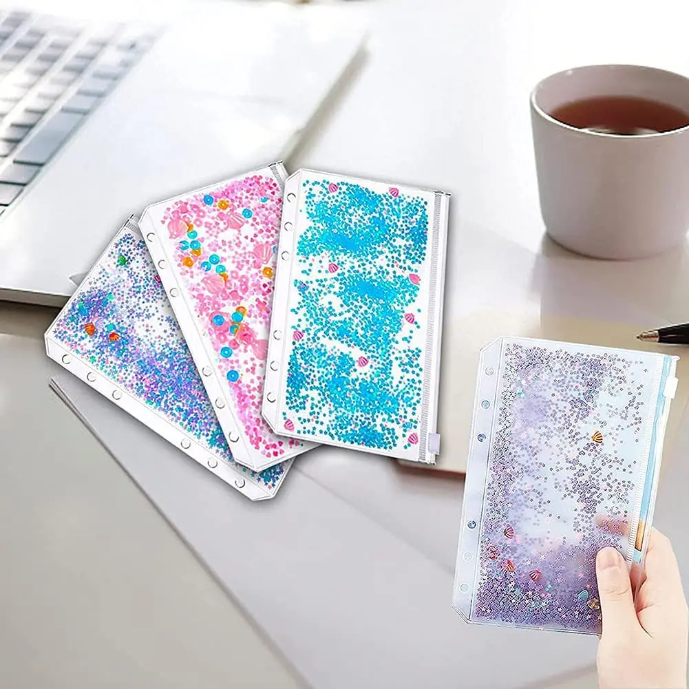 12Pcs A6 Glitter Zipper Binder Pockets with 2 Labels,Binder Budget Cash Envelopes, for 6 Ring Refillable Binder Notebook Planner