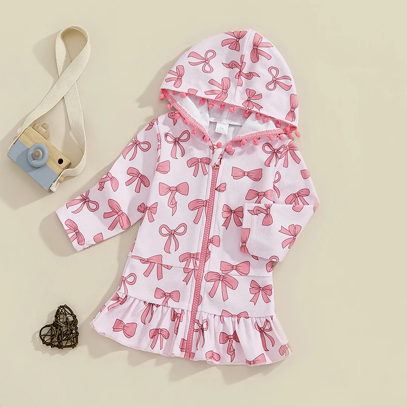 Girls Hooded Beach Robe Bow Print Long Sleeve Zipper Closure Loose Ruffled Hem Cover-Up