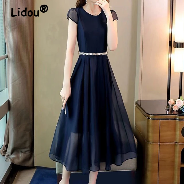 Korean Temperament Evening Dresses Elegant O Neck Pearl Sashes Solid Short Sleeve Chiffon Midi Dress Summer Clothing for Women Cheap Product Recommendation