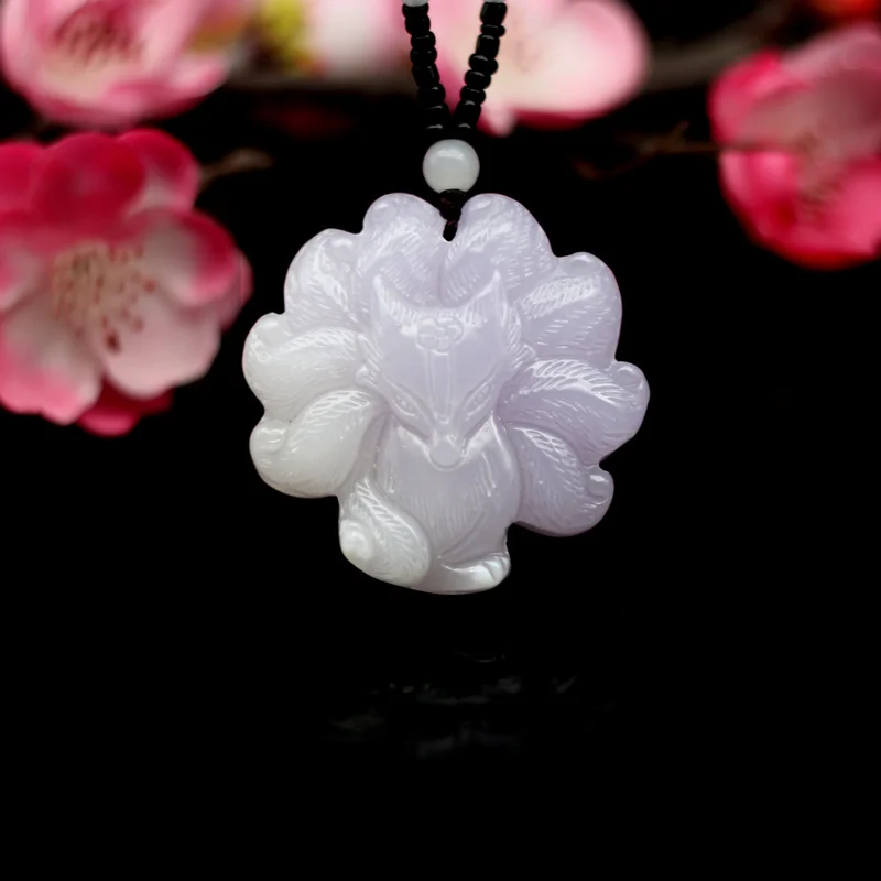 

Chinese Natural Color Nine Tailed Fox Jade Pendant Necklace Jadeite Fashion Charm Jewelry Hand-Carved Amulet Gifts for Men Women