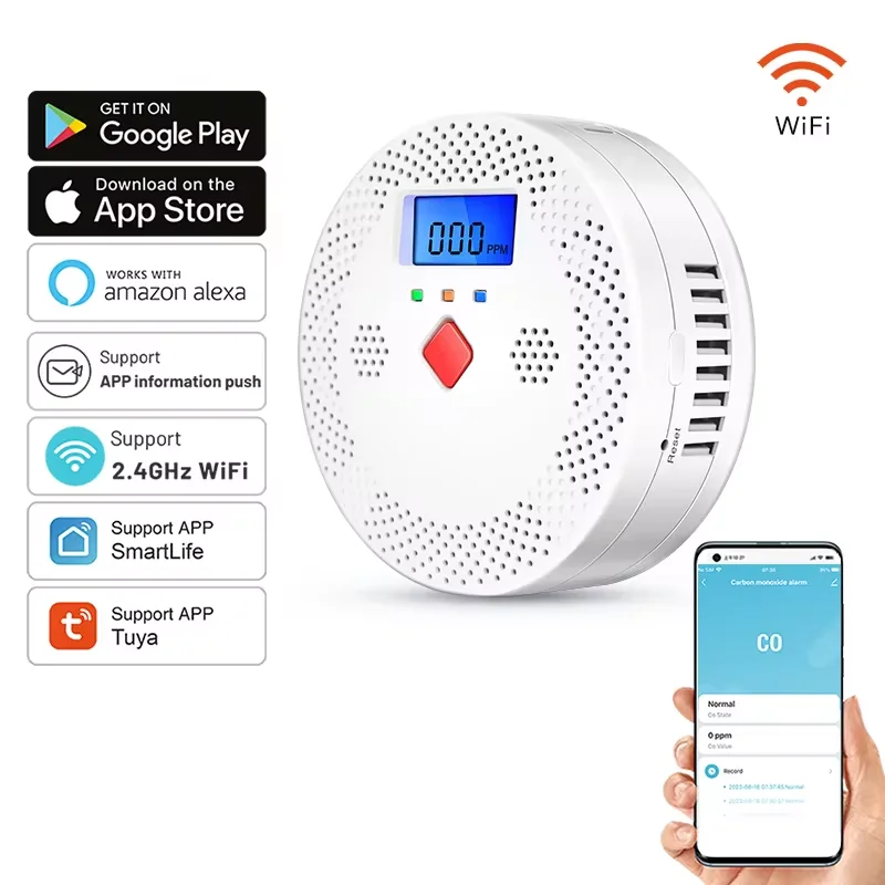 Intelligent Home Protection Tuya WiFi Carbon Monoxide Detector 85dB Sound Alarm LCD Digital Display For CO Poisoning Alarm