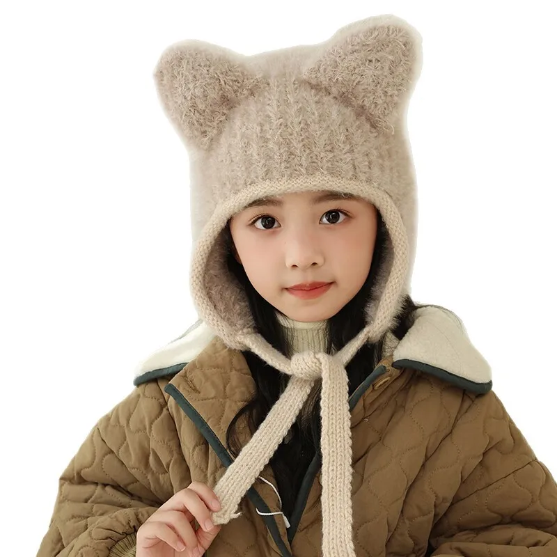 Children Windproof Warm Ear Protection Hat Girls Cute Cat Ears Knitted Wool Hat Winter Baby Plush Pullover Hats Kids Accessories