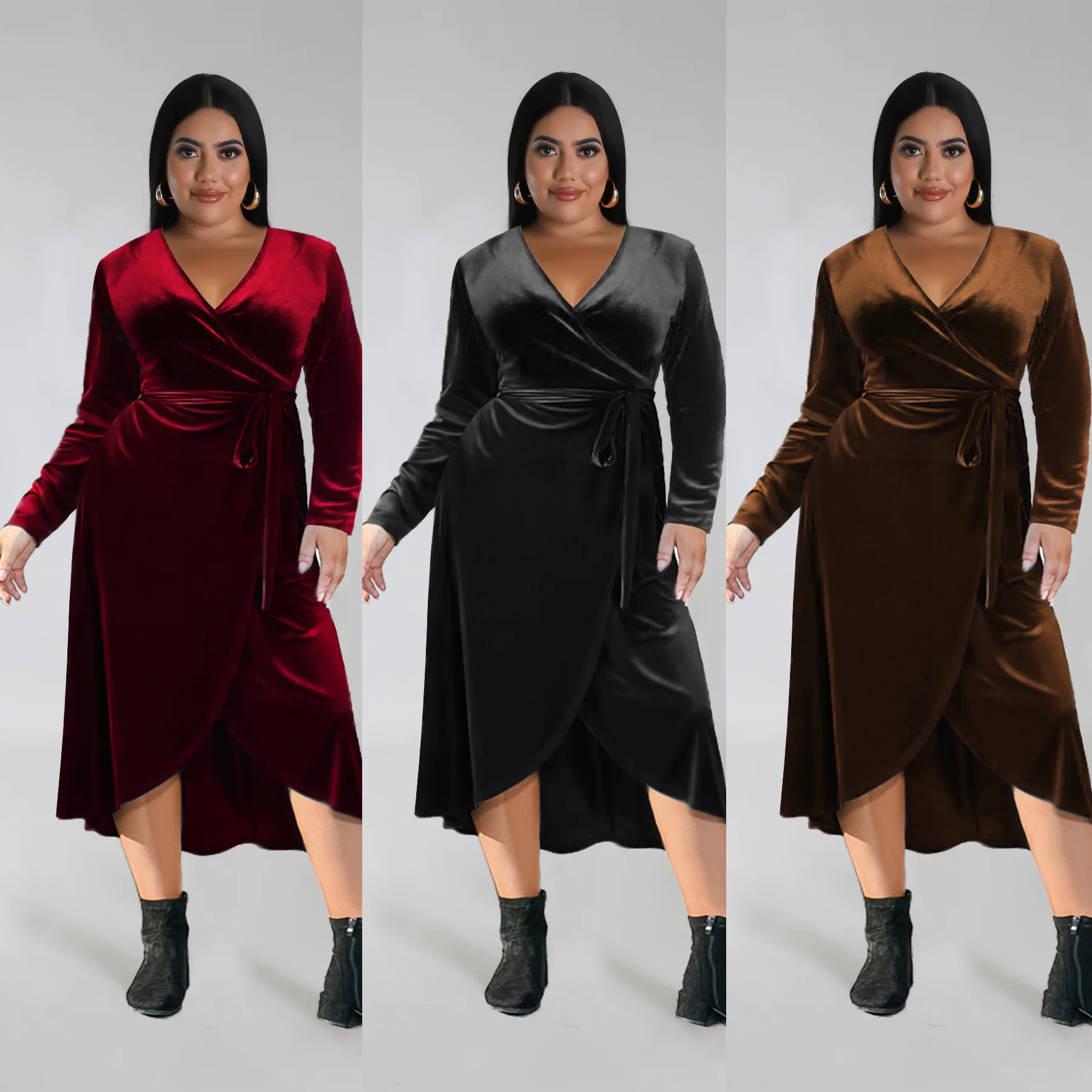 

Женское бархатное длинное платье с V-образным вырезом и поясом