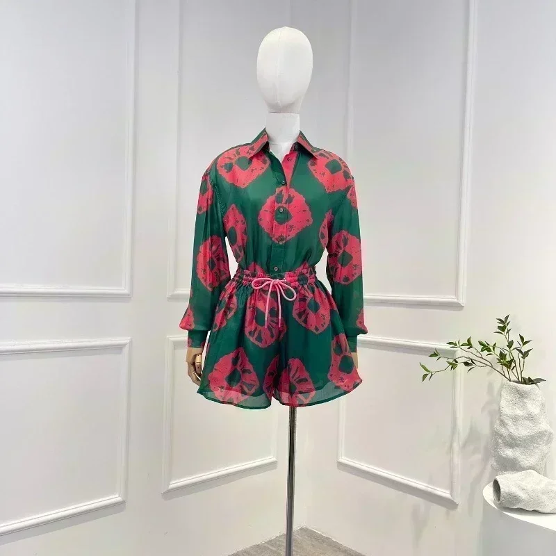 

Silk 2023 New Green Top Quality Summer Vintage Turn-down Collar Blouse Elastic Drawstring High Waist Shorts Woman Casual Set