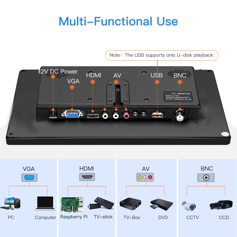 10.6 Inch CCTV Monitor Mini TV Computer PC Monitor 1280x768 LCD With HDMI VGA AV BNC For CCTV Security Camera Car Rear View