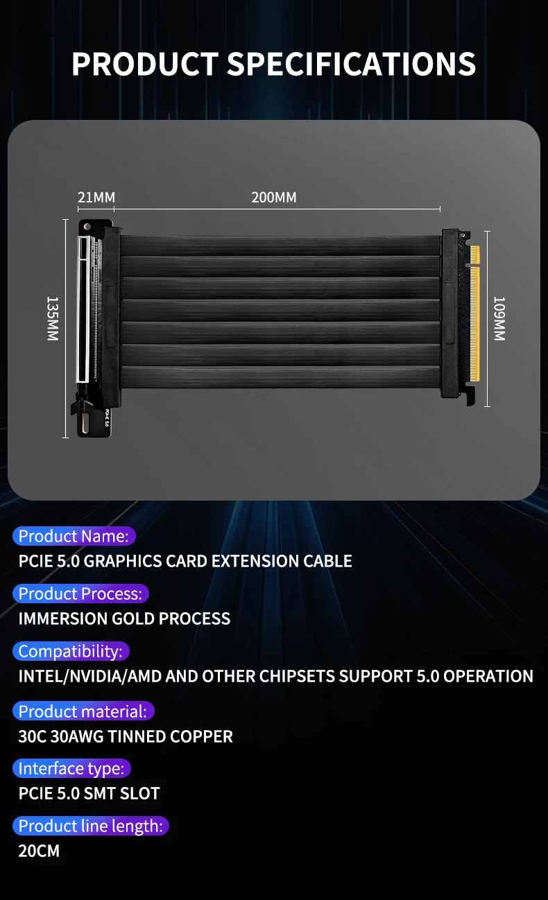 PCIE 5.0 x16 GPU extension cable Gold Finger Immersion Gold Process Anti-electro