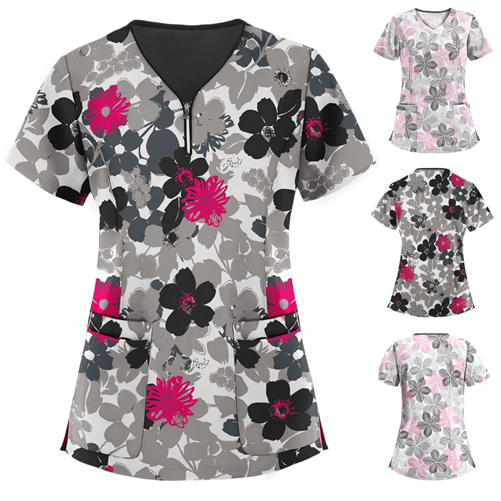 Floral Nurse Uniforms Scrub Tops Women Casual Short Sleeve Working