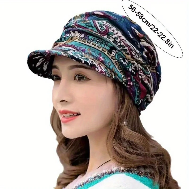 Floral Print Peaked Cap Woman Comfortable and Soft Ear Protection  Winter Hat Warm and Foldable Ethnic Style Short Brimmed Hat 6