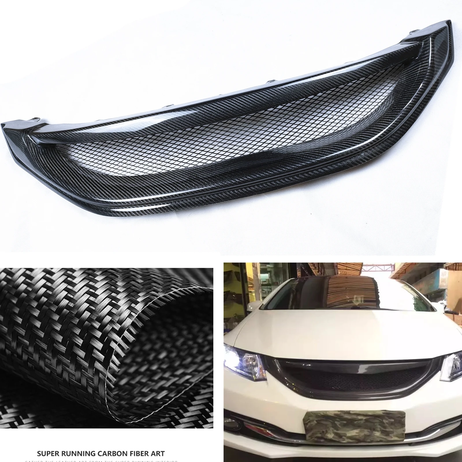 

Front Grille For Honda Civic 9.5 Sedan 2013 2014 2015 Real Carbon Fiber Car Upper Bumper Hood Mesh Grating Racing Grills Grid