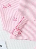 Ensemble pyjama imprimé nœud rayé rose et blanc pour femme, chemise boutonnée à manches longues et pantalon long, pyjama d'hiver pour la maison, décontracté 5