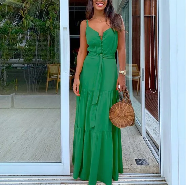 Été Spaghetti sangle longue Robe Style bohème décontracté vacances Maxi robes de plage pour les femmes mode élégante dame Robe robes