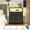Nightstand with Charging Station, Bedside Table with 4 Drawers and 2-Tier Shelf, Modern End Table with Wooden Top for Bedroom, 4