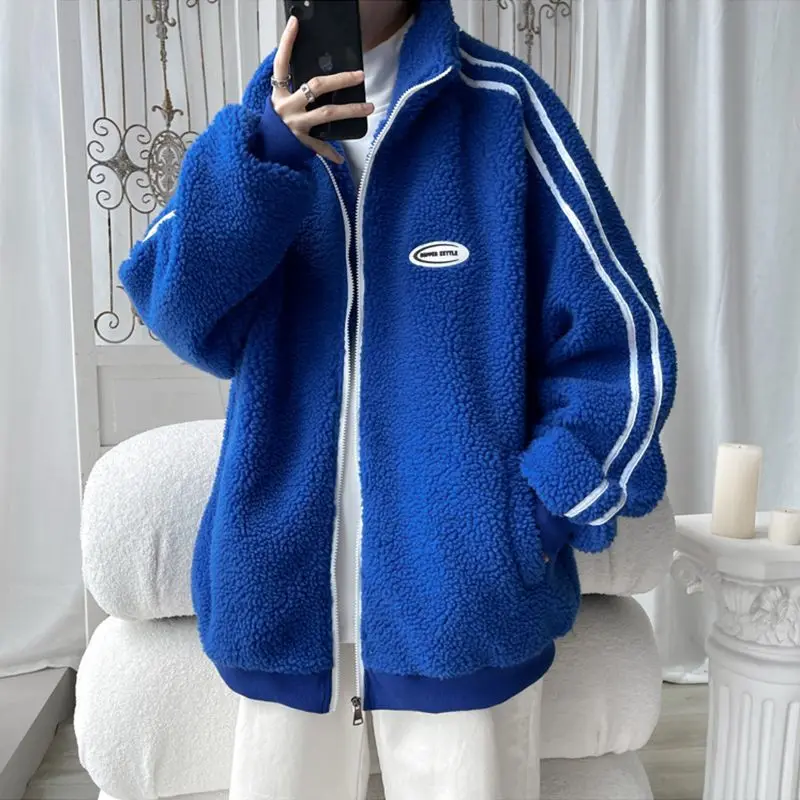Men's Autumn Winter New Fashion Simple Stand Neck Contrast Color Zipper Pocket Casual Long Sleeve Loose Plush Thick Cotton Coat