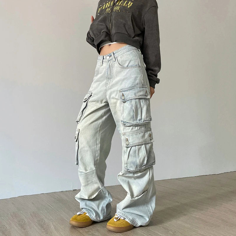 

New Vintage Baggy Jeans Women Multi-Pocket Cargo Jeans Blue Trousers Straight-Leg Pants Boyfriend Jeans Y2K Streetwear Oversized