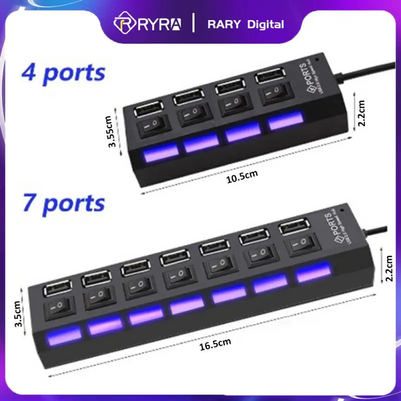 RYRA USB 허브 2.0 멀티 USB 분배기 허브, 전원 어댑터 사용, 스위치 30cm 케이블 포함, 4 포트, 7 포트, 다중 확장기, USB2.0 허브 