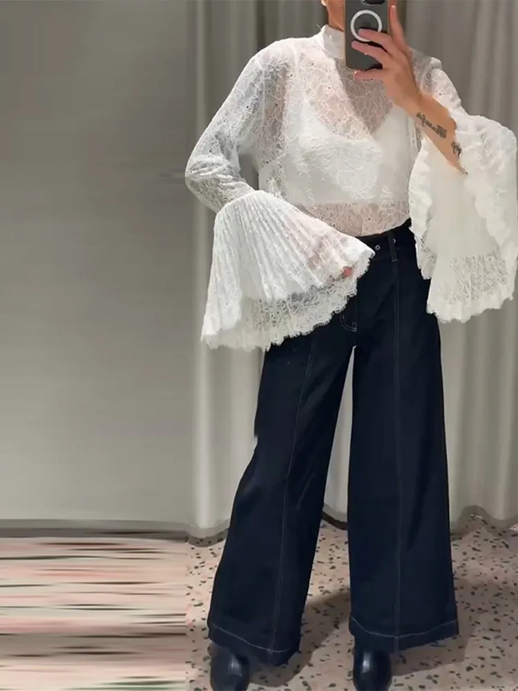 Transparente Spitze Flare Sleeve Shirts Frauen Sexy Aushöhlen Lange Ärmel Spitze-Up Durchsichtig Solide Tops Charming Damen partywear – Detail 16