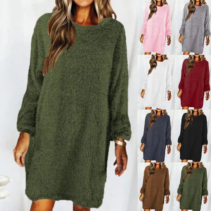 AutumnWinterWomensCasualLongSleevePlushSweaterDress2023