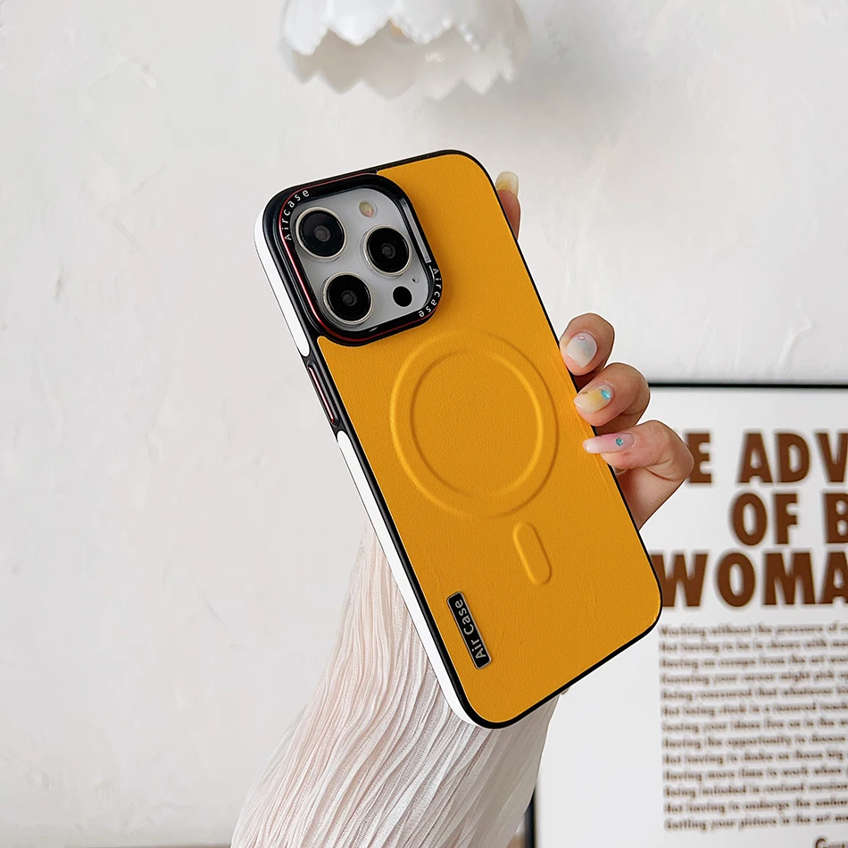 

Luxury Plain Leather Contrast Color Magnetic Phone Case For iPhone 14 13 12 Pro Max For Magsafe Wireless Cover