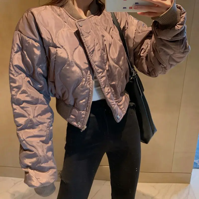 

Biyaby Fashion Long Sleeve Warm Parkas Women Winter Pocket Zipper Short Cotton Coat 2023 New All-Match Loose Baseball Uniform