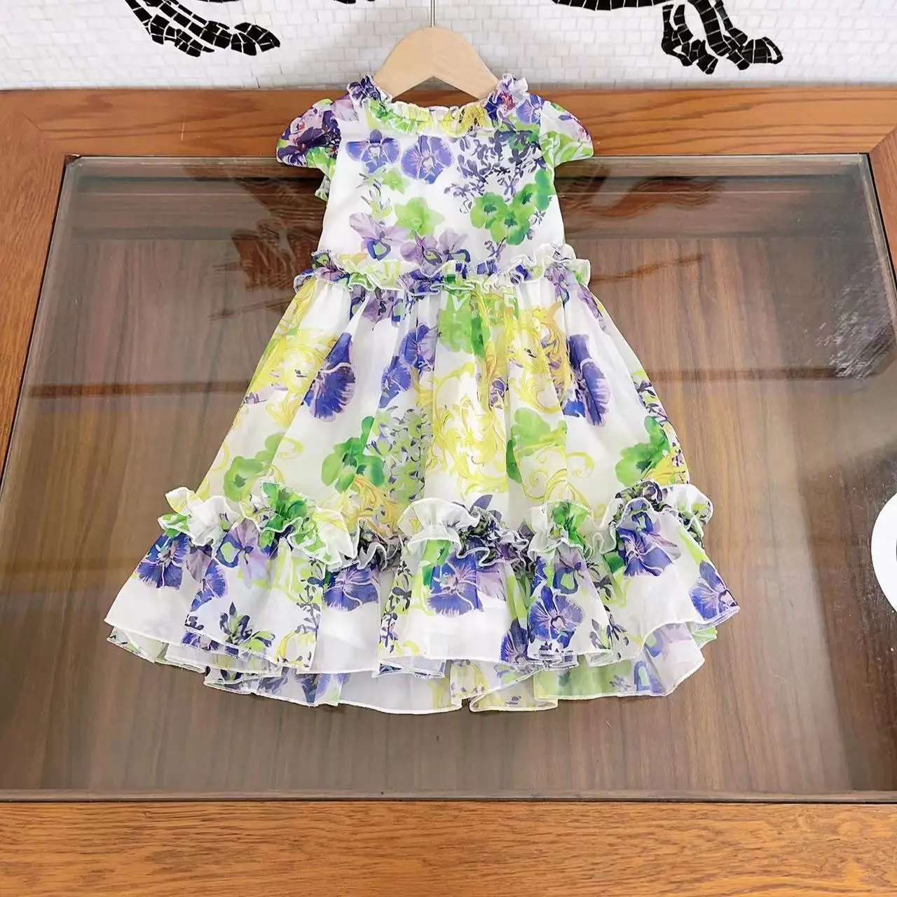 

2023 summer new childrens kids girls dress chiffon voilet material with inner pure cotton Ruffled flowers Princess Dresses