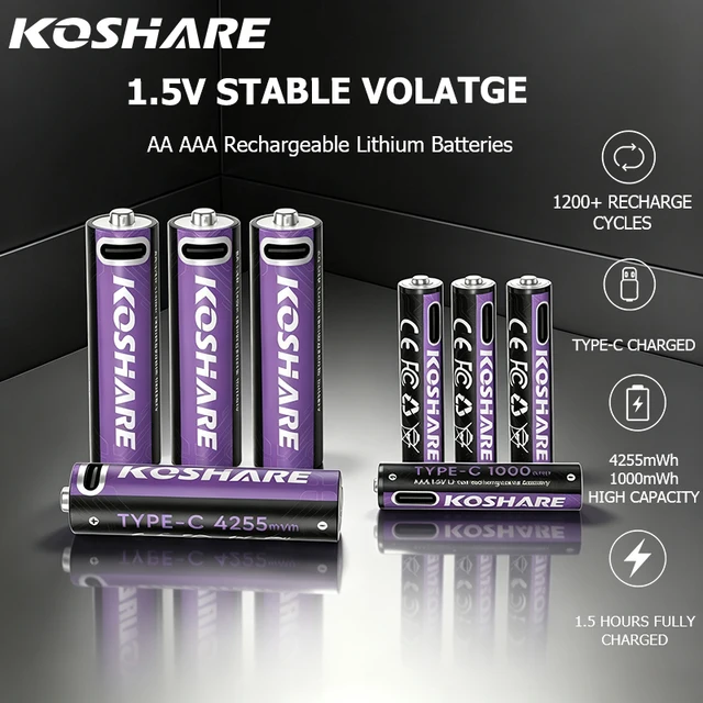 KOSHARE 1.5V Rechargeable Li-ion Batteries AA 4255 mWh AAA 1000 mWh USB Type-C Lithium Battery for Outdoor Gear Electronic Toys 1