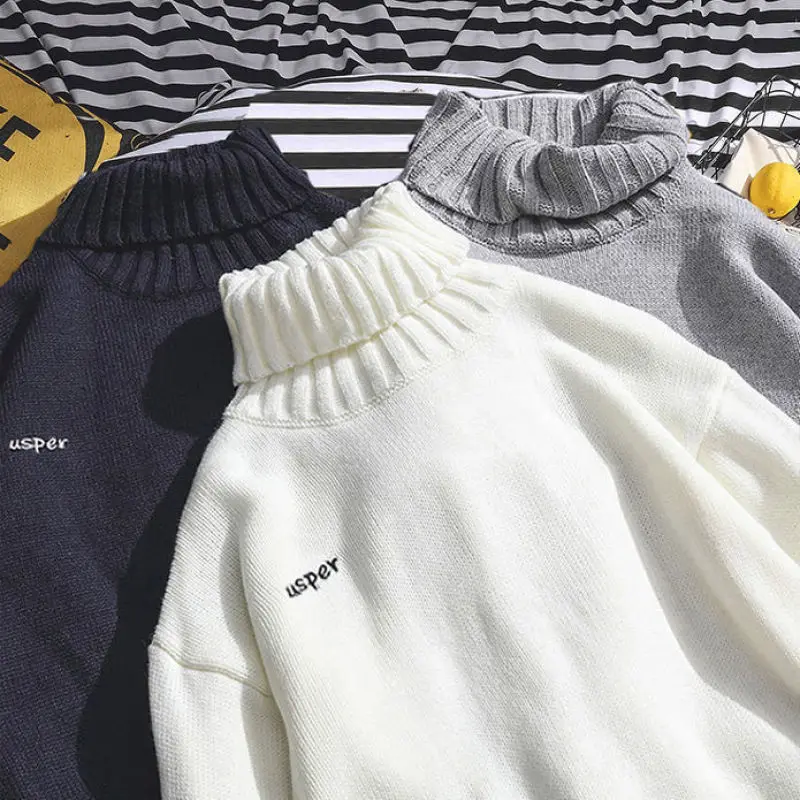 Hong Kong Style 2021 winter men's high neck sweater chic new Korean thickened sweater loose trend couple bottoms
