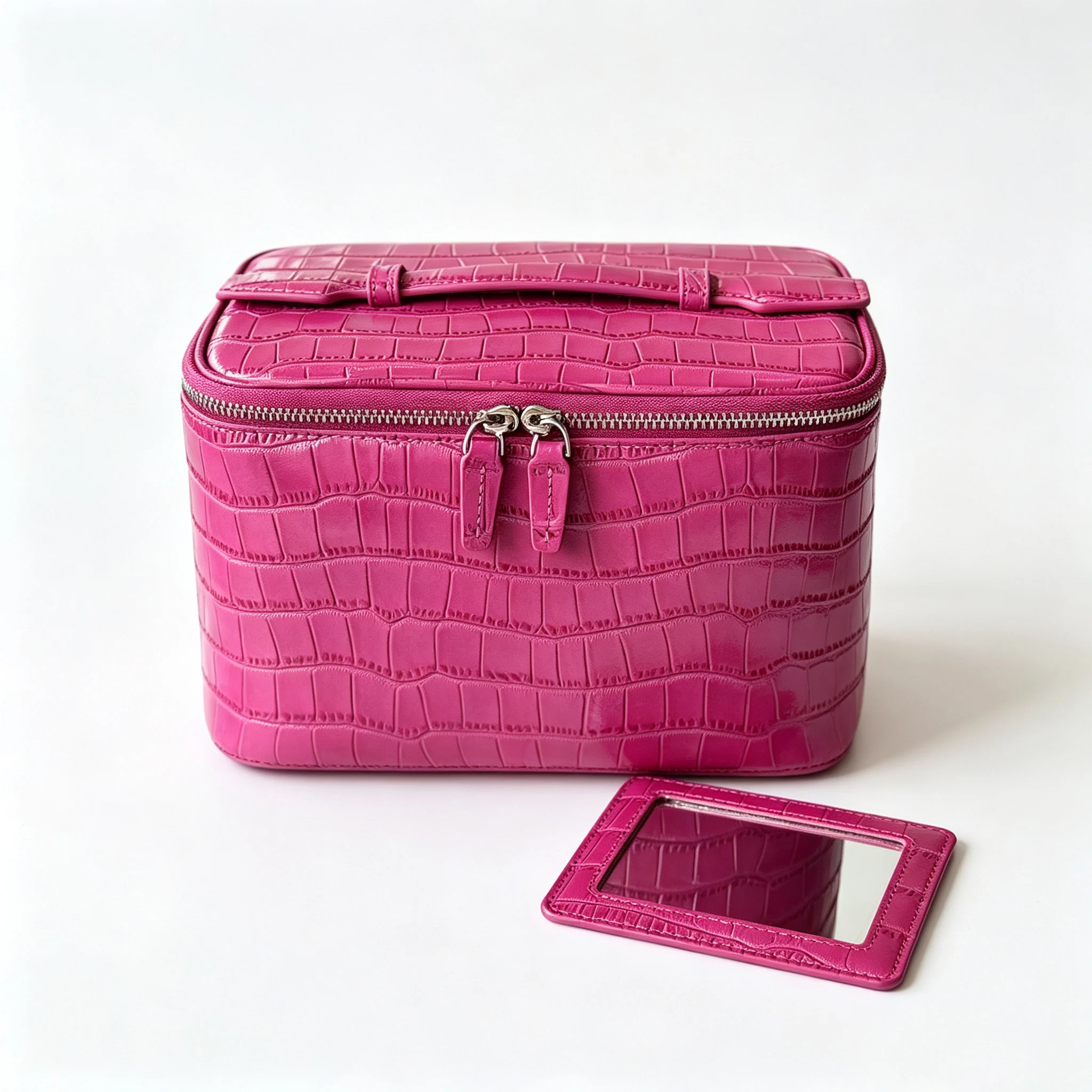 Crocodile Pattern Cowhide Cosmetic Bag Rose Red Light Luxury Genuine Leather Women Travel Portable Toiletry Storageanity Case 2