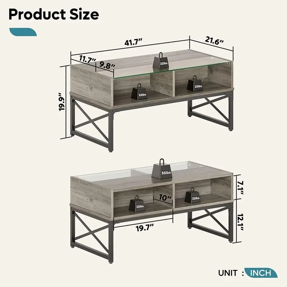 LED Coffee Tables for Living Room,Wood Center Table with Glass Top Game Night. 42 Inch Room Grey Wash 2