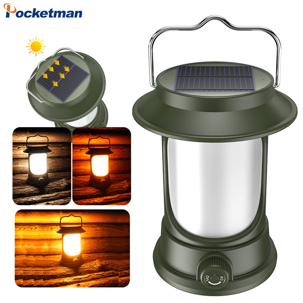 

Portable Solar Camping Lantern USB Rechargeable LED Flashlight Stepless Dimming Outdoor Wireless Tent Lamp Waterproof Retro Lamp