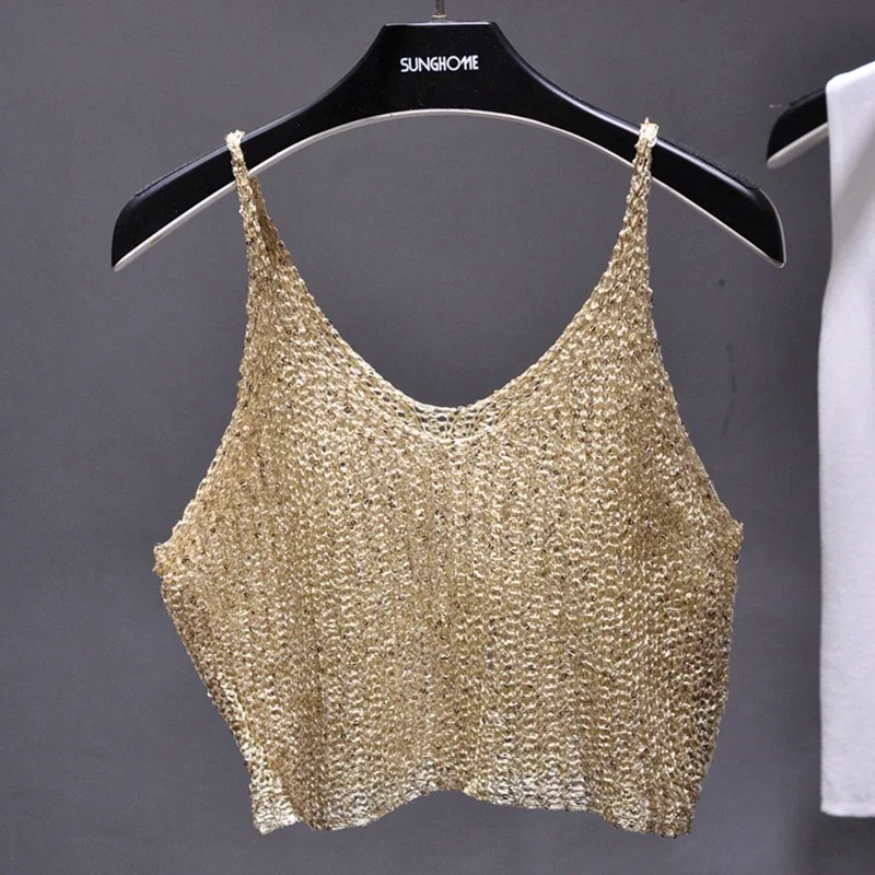 Tricot évidé à paillettes de Rotterdam pour femmes, demi-rendu de taille, haut court sexy, streetwear d'été