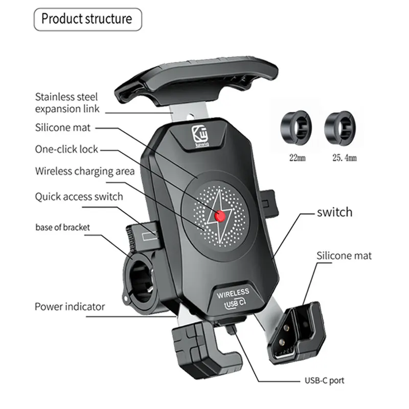Motorcycle Phone Holder QC3.0 USB Charging Mount Stand 15W Wireless Charger Handlebar 360 Rotatio Bracket Bike Cellphone Support