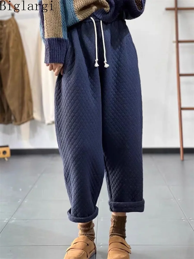 

Oversized Korea Winter Thick Hig Waist Loose Plaid Cotton Harem Pants New Ladies Chic Casual Vintage Cotton-padded Trousers